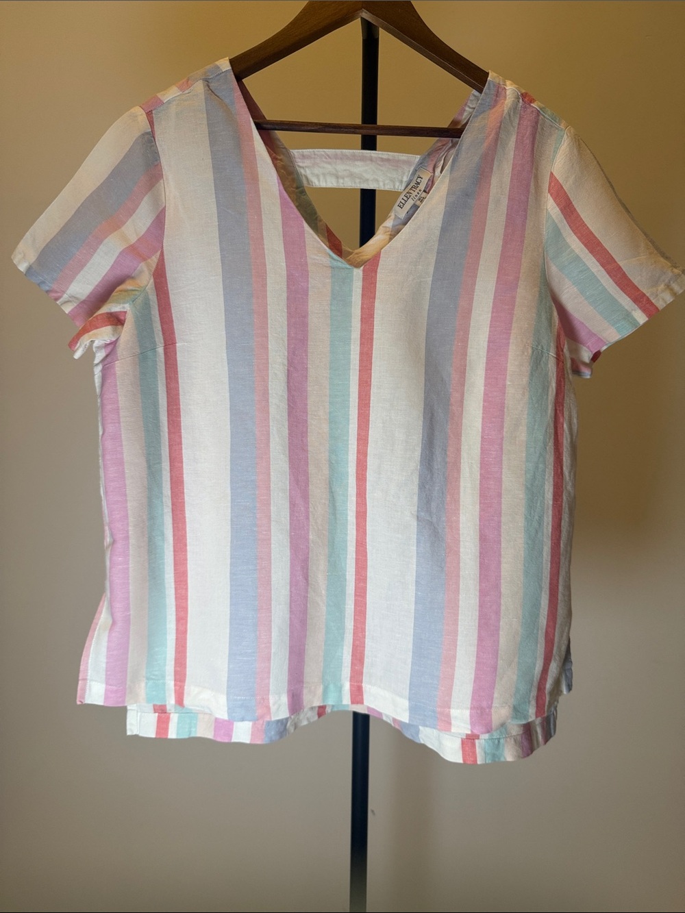 Ellen Tracy Pastel Striped Linen Blend V-Neck Short Sleeve Blouse | Size L